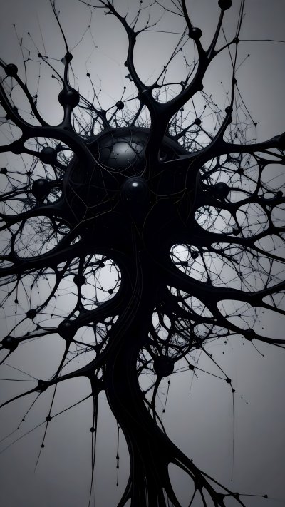 Dark abstract neural tree structure on grey background.