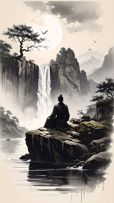 Ink painting of person contemplating waterfall, mountains, and moon