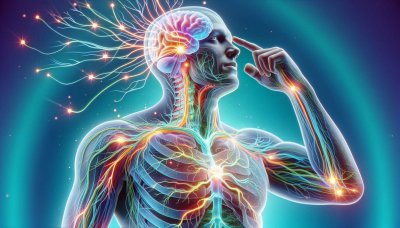 Digital art of human with glowing brain and nervous system