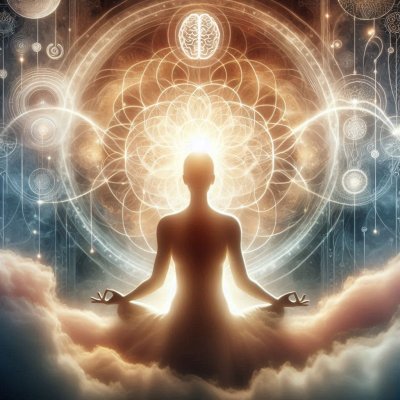 Meditating figure with glowing energy and geometric patterns.
