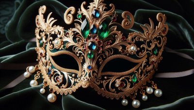 Ornate gold masquerade mask with jewels and pearls on velvet