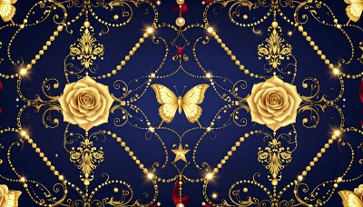Opulent golden floral pattern with roses and butterflies