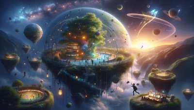 Futuristic city inside biodome with greenery, floating islands, sunset