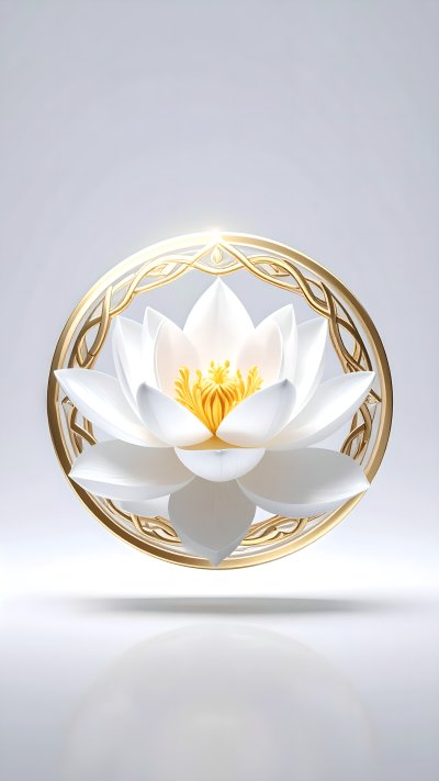 White lotus with glowing yellow center in golden frame, reflection