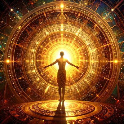 Man bathed in golden light from cosmic clockwork, spiritual awakening.