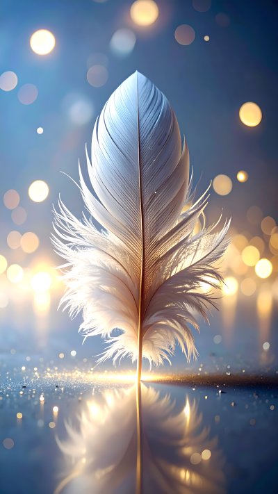 Ethereal white feather on reflective surface with bokeh lights