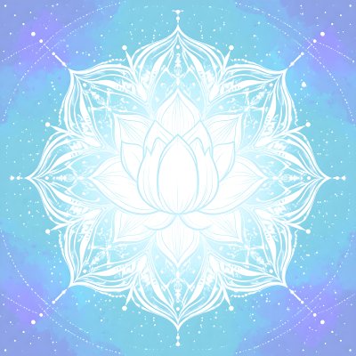 Serene white lotus mandala on blue purple watercolor background