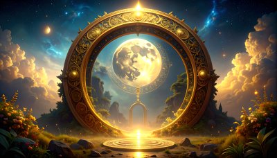 Golden portal to mystical realm under moon, inviting discovery