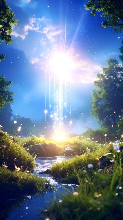 Magical light beam in tranquil fantasy forest landscape with stream
