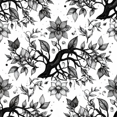 Black & white seamless botanical sketch pattern w/ trees & flowers