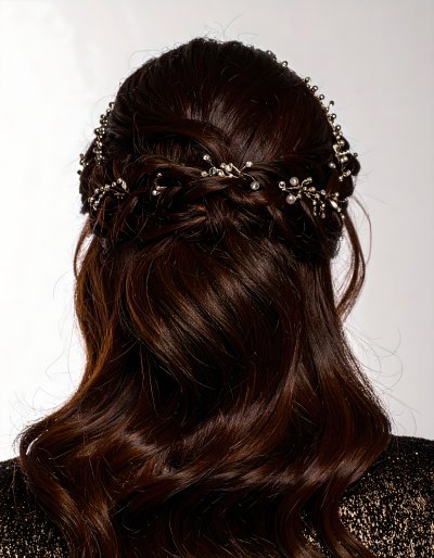 Elegant braided updo with crystal and pearl hairvine