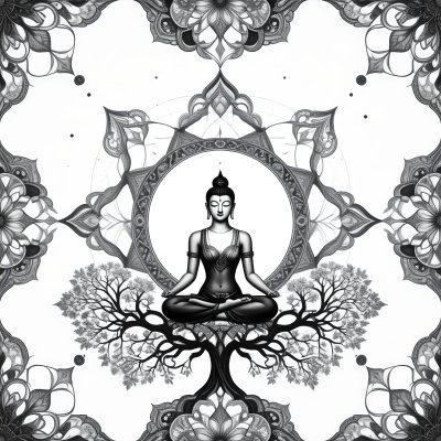 Meditating person on tree in lotus pose within spiritual mandala sk...