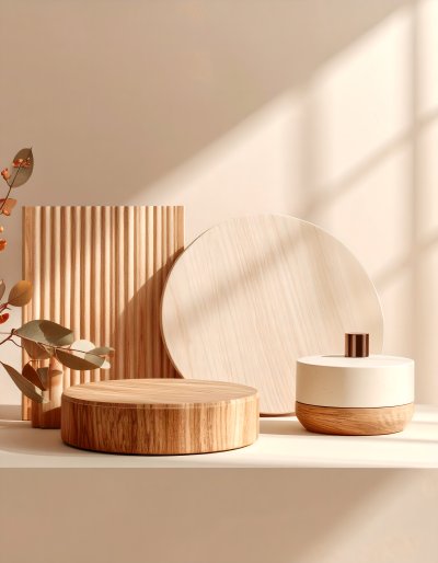 Wood podiums, warm sun, serenity, minimalist design