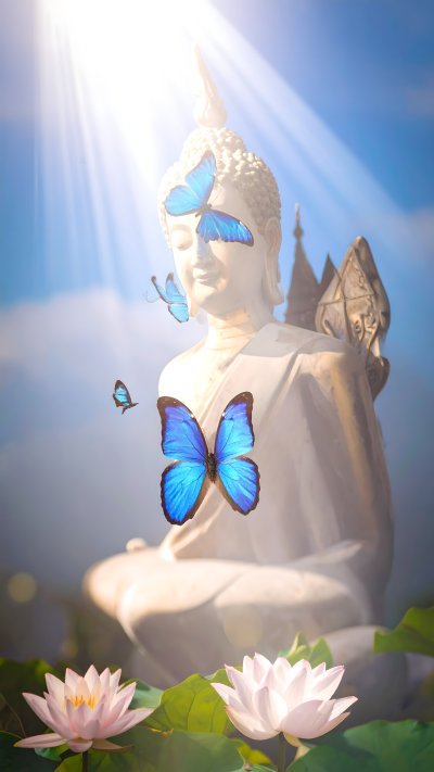 Serene Buddha, blue butterflies, lotus flowers, bathed in light.