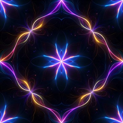 Vibrant symmetrical glowing fractal light patterns on dark background