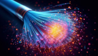 Fiber optic cables with glowing strands, illustrating data transmissio