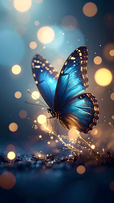 Vibrant blue butterfly with glowing spots and golden bokeh lights