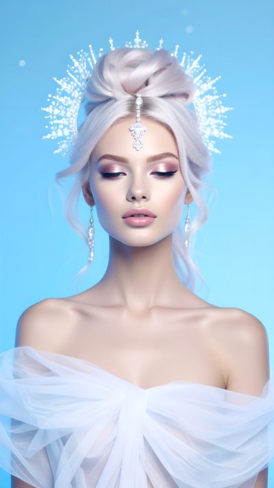 Winter queen portrait with ice crystal crown and flowing fabric