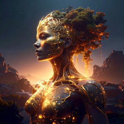 Divine figure with tree crown and golden veins in warm sunset light