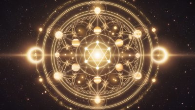 Golden celestial mandala radiating light in starry cosmos