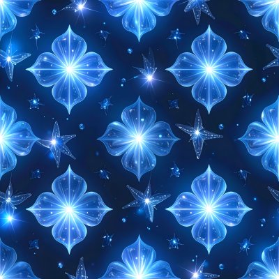Seamless pattern glowing blue ethereal flowers and stars
