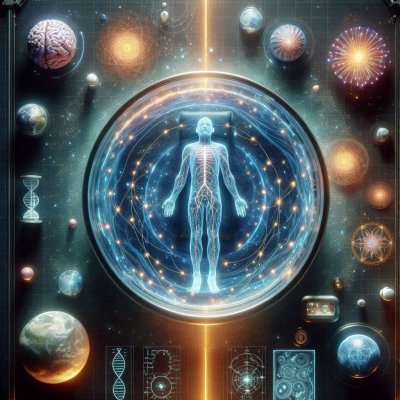 Futuristic Anatomy: Human Figure in Sphere with Scientific and Cosmic 