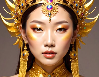 Golden regalia, Asian woman, regal elegance.
