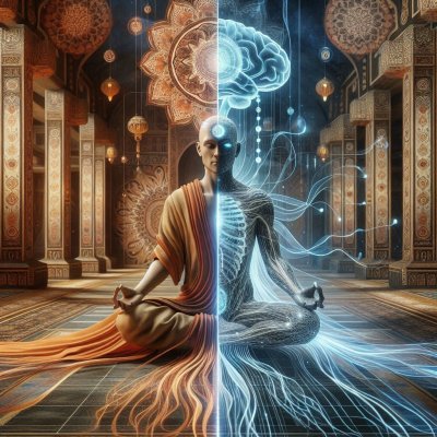 Meditating Figure: Mind, Body, and Spirit represented in split image