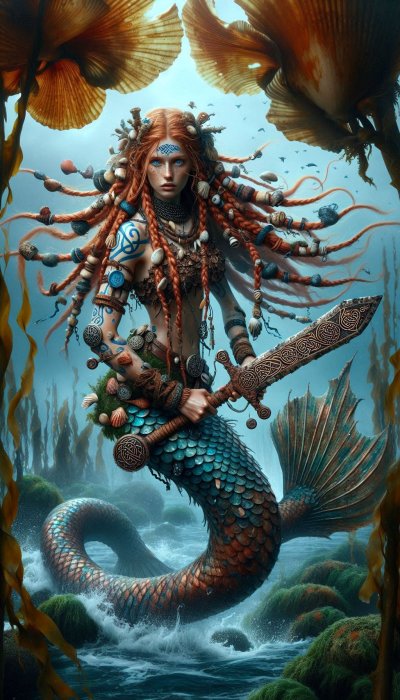 Warrior Mermaid with Sword in Ocean