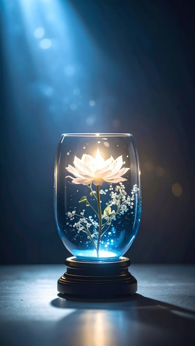 Glowing white lotus flower in glass dome with blue light and bubbles