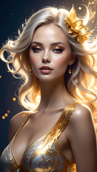 Beautiful blonde woman with golden flowers and illuminated hair