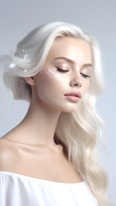Ethereal portrait of woman with white hair and glowing highlights