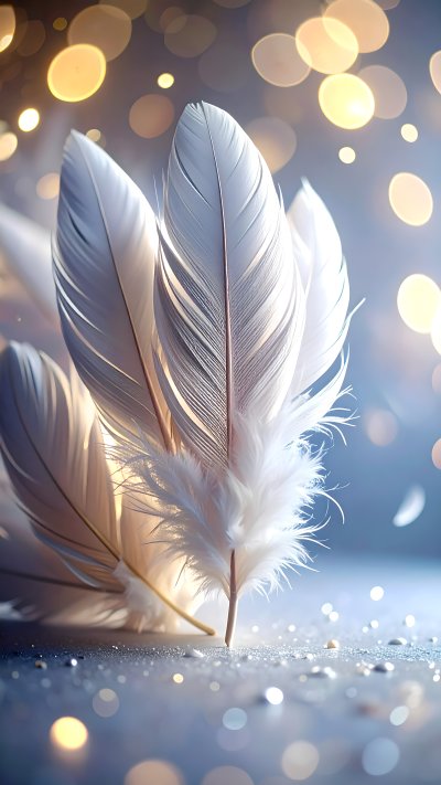 White feathers with golden bokeh lights and sparkling surface