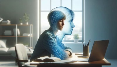 Person working at desk with glowing blue tech overlay on head and body