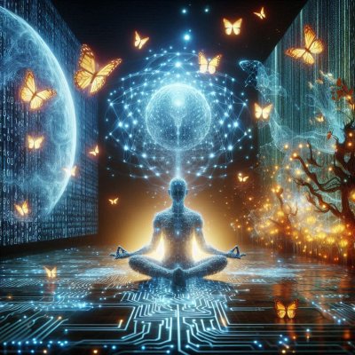 Meditating figure with energy field and butterflies: Spiritual Awakeni