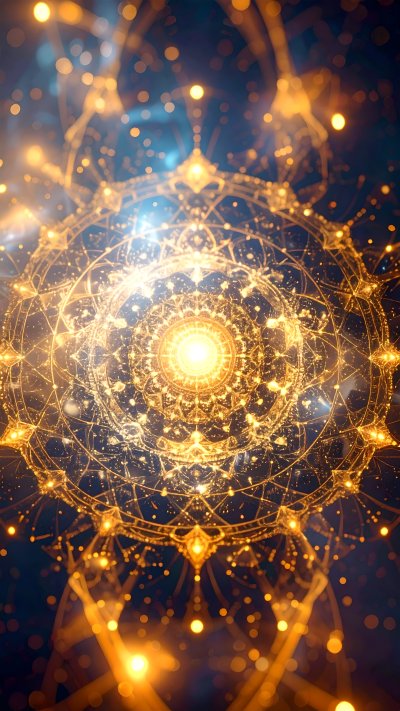 Glowing golden intricate geometric mandala on dark blue