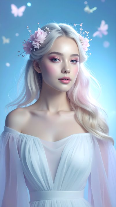 Ethereal woman with flower crown & butterflies on blue background