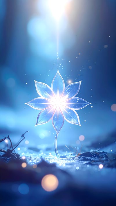 Ethereal glowing blue crystal flower in dark mystical setting