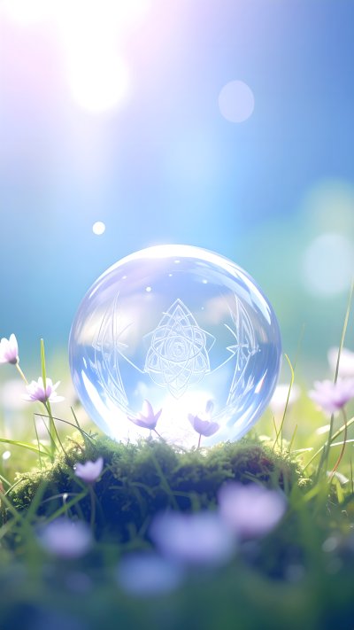 Glass sphere with spiritual symbol on moss and flowers in sunlight