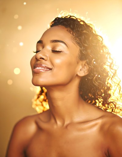 Joyful woman in golden sunlight, embracing peace and warmth