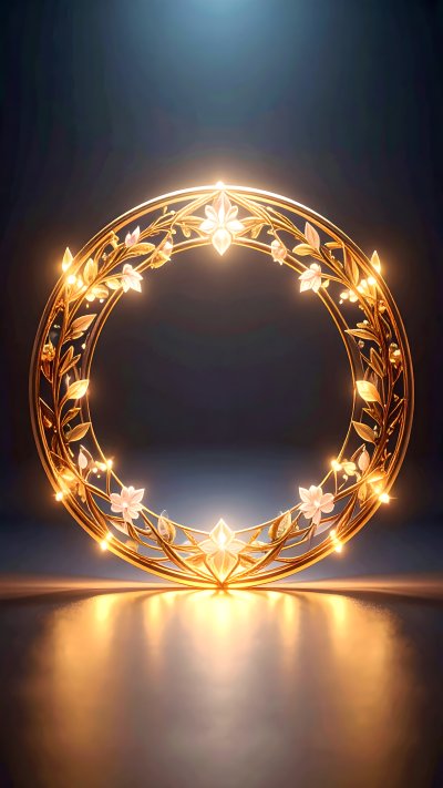 Glowing golden floral frame reflecting on dark surface