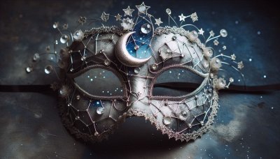 Ornate silver mask with moon, stars, and sparkling crystals