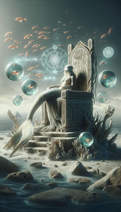 Blindfolded Mermaid Queen on Throne with Floating Fish and Magical Orb