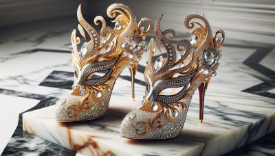 Gold and Diamond Masquerade Heels on Marble: Luxurious Digital Artwork