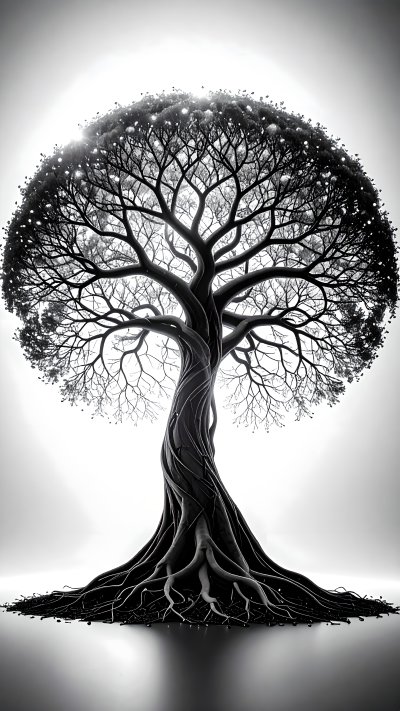 Stylized black & white tree w/ intricate roots & shimmering canopy