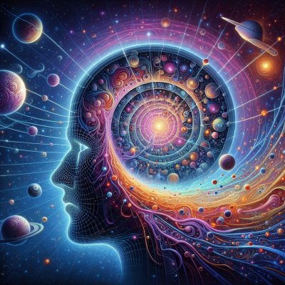 Grid human head with spiral cosmos and planets illustration