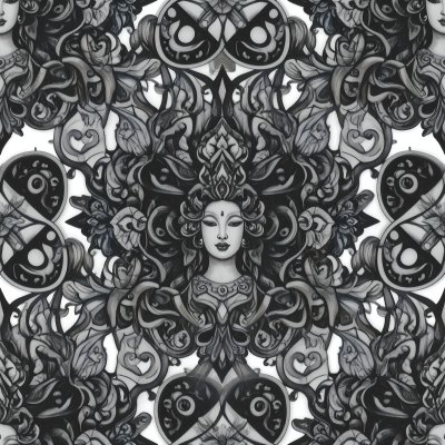 Ornate symmetrical illustration of a divine face and patterns.