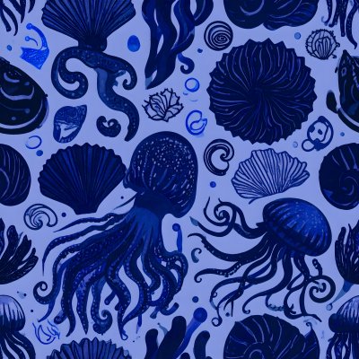 Seamless pattern of blue jellyfish, shells, marine life illustration