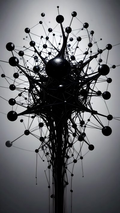 Abstract dark network of connected spheres on grayscale background