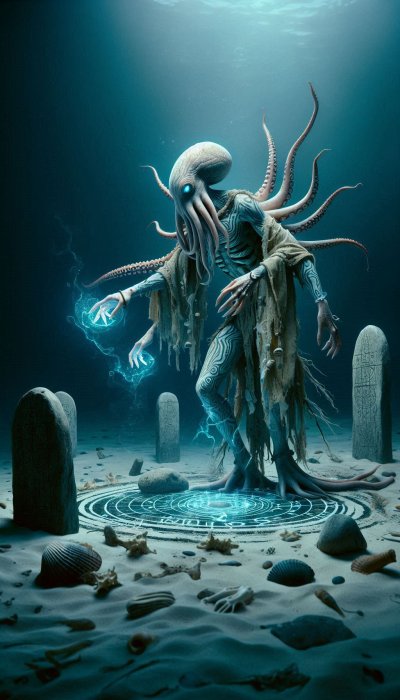 Underwater Cthulhu figure casting spell in glowing circle with tombsto